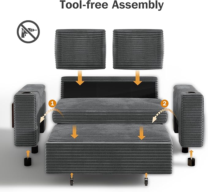 Vipbear 65 Loveseat Sleeper Sofa with Pull Out Bed Plush Corduroy 3-in-1 Convertible Sofa Bed with Reclining Backrest|USB Ports|Cup Holders|Side Table|Storage Armrests Tool Free Assembly Grey