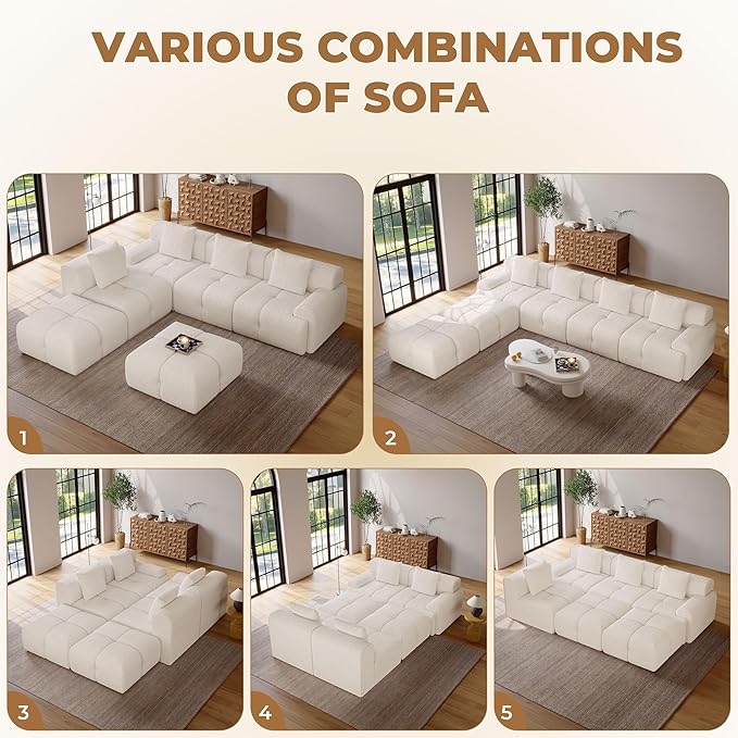 135 Modern L Shaped Modular Sectional Sofa 6 Seater Convertible Chenille Cloud Couch Sofa Set Boneless Couches for Living Room with Ottoman No Assembly Required White