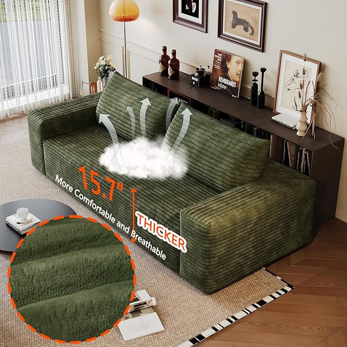 63 Cloud Loveseat Sofa - Boneless Deep Seat 2-Seater No Assembly Foam Floor Couch Plush Corduroy Fabric Modern Living Room Sofa for Small Space Apartment Bedroom Office (Green) | Boneless Sofa
