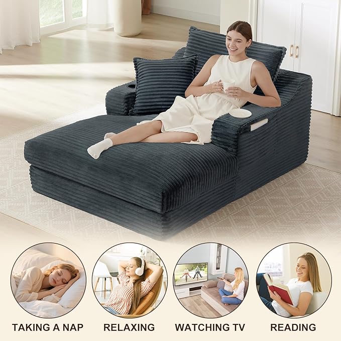 47 Boneless Chair Chaise Lounge: Oversized Comfy Corduroy Upholstered Indoor Couch with Armrets and 3 Pillows for Living Room Bedroom and Apartment Deep Seat Sleeper Sofa Grey