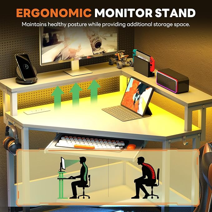 DUMOS Conner Desk Home Office Computer Desk for Small Space with LED Lights Gaming Table with Storage Shelves Power Outlets Monitor Stand Keyboard Tray for Bedroom White