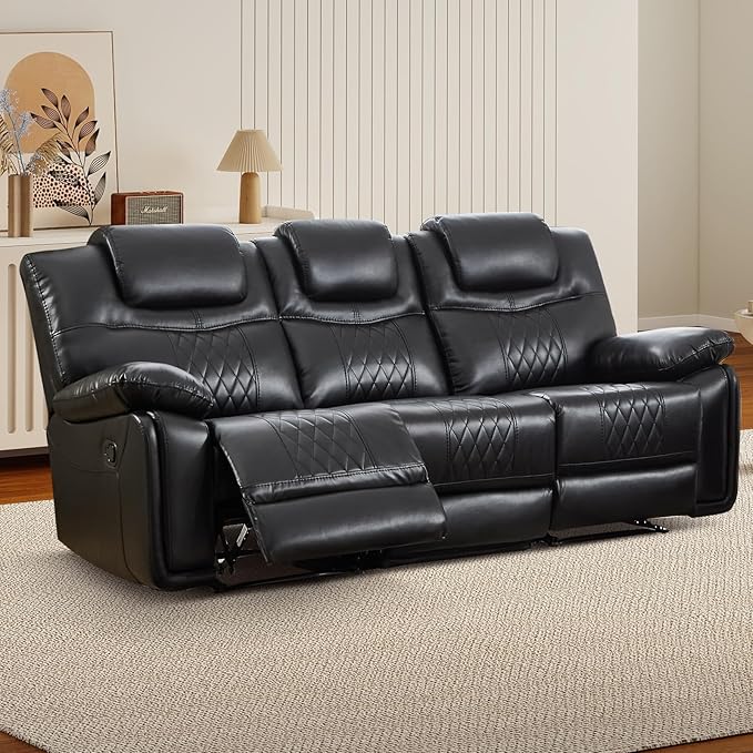 EBELLO Faux Leather Manual Reclining Sofa Overstuffed Armrest 3 Seat Recliner Sofa Reclining Couch for Living Room Meeting Room Bedroom Black