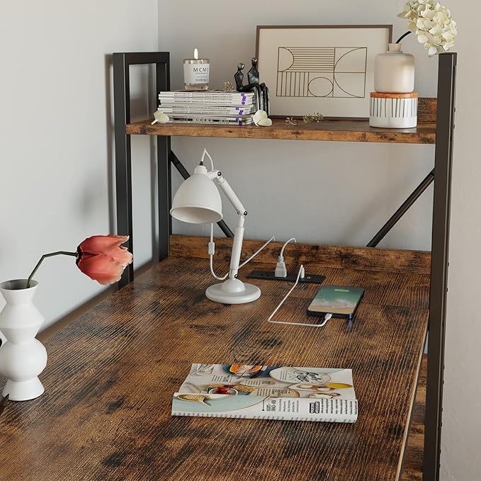 IRONCK Computer Desk 55 with Power Outlet and Storage Shelves Study Writing Table with USB Ports Charging Station PC Desk Workstation for Home Office Rustic Brown