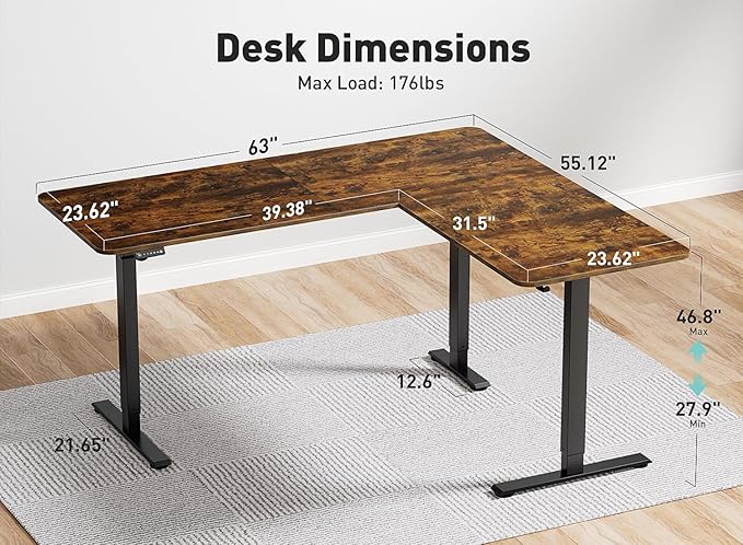 Electric L Shaped Standing Desk Adjustable Height 63 x 55 Inch Corner Standing DeskSit Stand Up DeskHome Office DeskLarge Long Work Gaming (Spliced Desktop Rustic Brown)