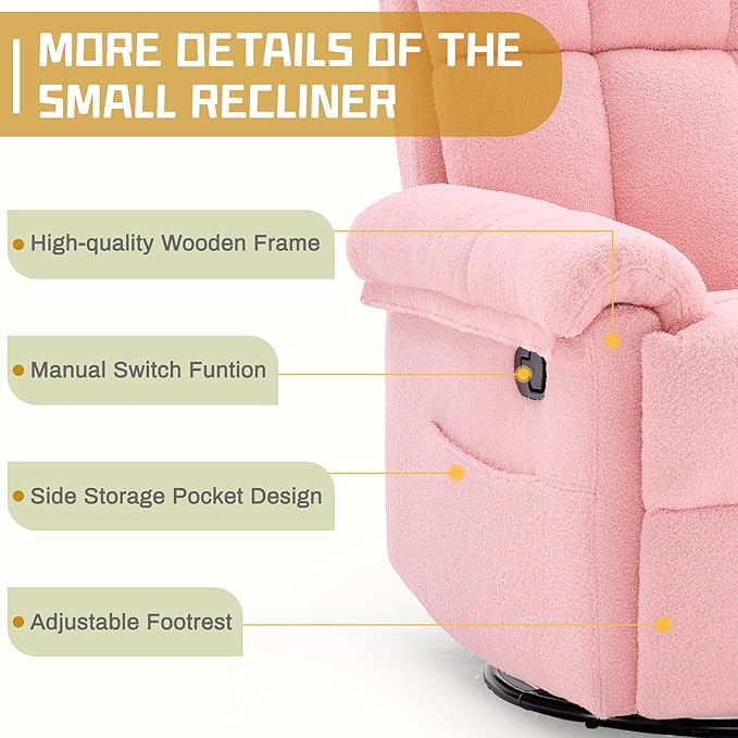 Recliner Chair Swivel Rocker Recliner Chair for Adults Small Recliners for Small Spaces Manual Recliner with Side Pockets Upholstered Nursery Rocking Chair for Living Room Sherpa Pink