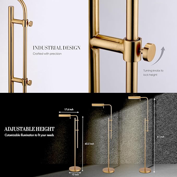O'Bright Cedric Adjustable Pharmacy Floor Lamp - Industrial Design for Reading Crafting Work - 10W LED Height 45-61 inches - Ideal for Living Room Bedside Office - Antique Brass (Gold)