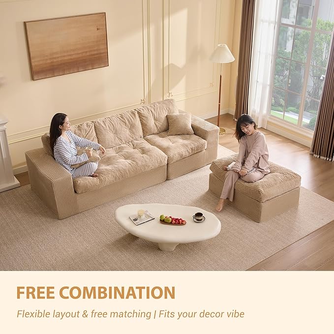 Modular Sectional Sofa 102” L-Shaped Corduroy Couch with Ottoman Deep Seat Comfy Sectional for Living Room Set of Soft Upholstered Cloud Couch for Apartment Camel