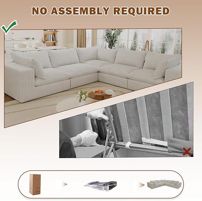 118.2 Modern V Shaped Corner Sofa Comfy Modular Sectional Cloud Couch with Plush Corduroy Fabric Deep Seat Upholstered Sofa Fluffy Boneless Couches for Living Room No Assembly (White)