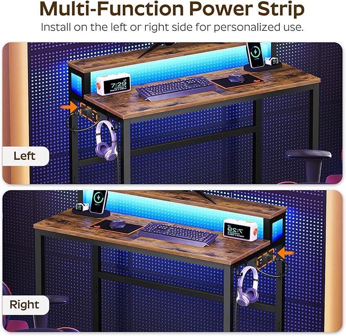 Small Computer Desk with Charging Station and LED Lights Gaming Desk with Monitor Stand 2-Tier Home Office Desk with 4 Side Hooks for Living Room Home Office Rustic Brown DN01UDBRY2