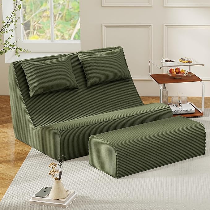 Giant Bean Bag Chair for Adults - Indoor Chaise Lounge with Pillows &amp Ottomans Upholstered Loveseat Floor Sofa Chair for Reading Gaming Napping and Movies (Olive Green)