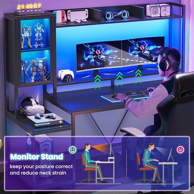 SEDETA Gaming Desk 60'' Gaming Desk with Hutch and LED Lights Computer Desk with Storage Shelves Large PC Gamer Desk with Display Cabinet Monitor Stand Power Outlet for Home Office Black