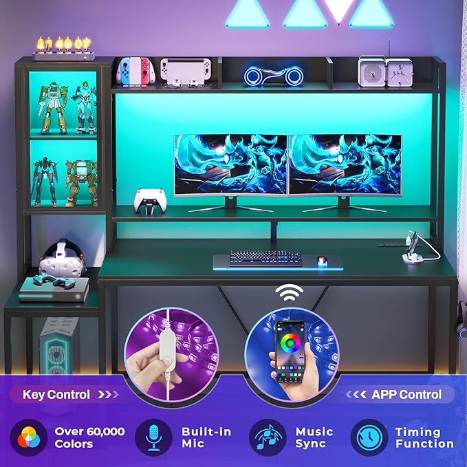 SEDETA Gaming Desk 60'' Gaming Desk with Hutch and LED Lights Computer Desk with Storage Shelves Large PC Gamer Desk with Display Cabinet Monitor Stand Power Outlet for Home Office Black