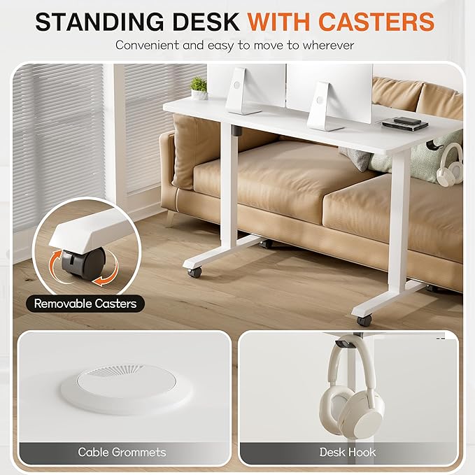Furmax Electric Standing Desk 47 x 24 Inches Height Adjustable Desk with Removable Casters Home Office Computer Desk (White)
