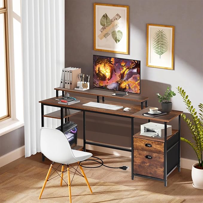 Panana 61.4 Computer Desk with Power Outlet and LED Lights Desk with 2 Fabric File Cabinet Drawer Large Reversible Gaming Desk with Shelves and Monitor Stand Writing Study Desk for Home Office