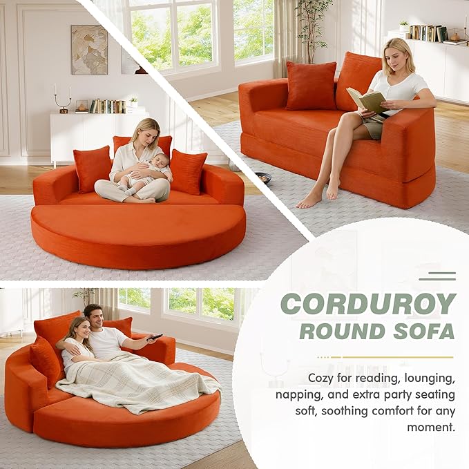 67” Oversized Round Sofa Bed 2 in 1 Convertible Circle Bed Folding Futon Lazy Floor Round Chaise Lounge Chair Comfy Corduroy Boneless Loveseat Couch for Living Room Apartment No Assembly (Orange)