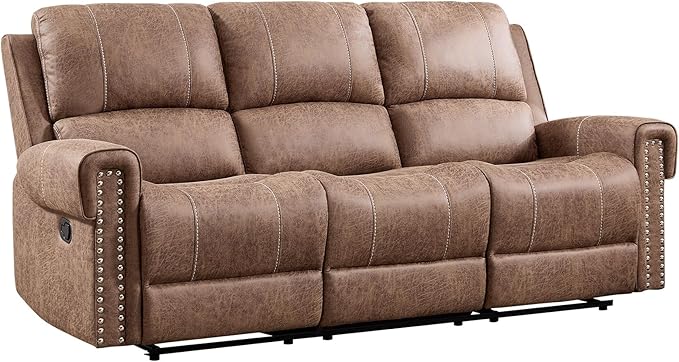 EBELLO Manual Reclining Sofa for Living Room Faux Leather 3 Seater Overstuffed Reclining Couch Chair Vintage Rivet Mid-Century Modern Design Furniture for Living Room Meeting Room Brown