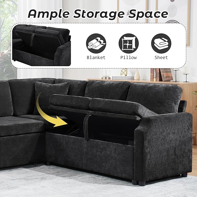 81.9 Sectional Sofa Convertible Pull-Out Sofa Bed Upholstered L-Shaped Sofa Couch with a Sofa Sleeper and a Hidden Storage Compartment for Living Room Apartment (Black-7.2)