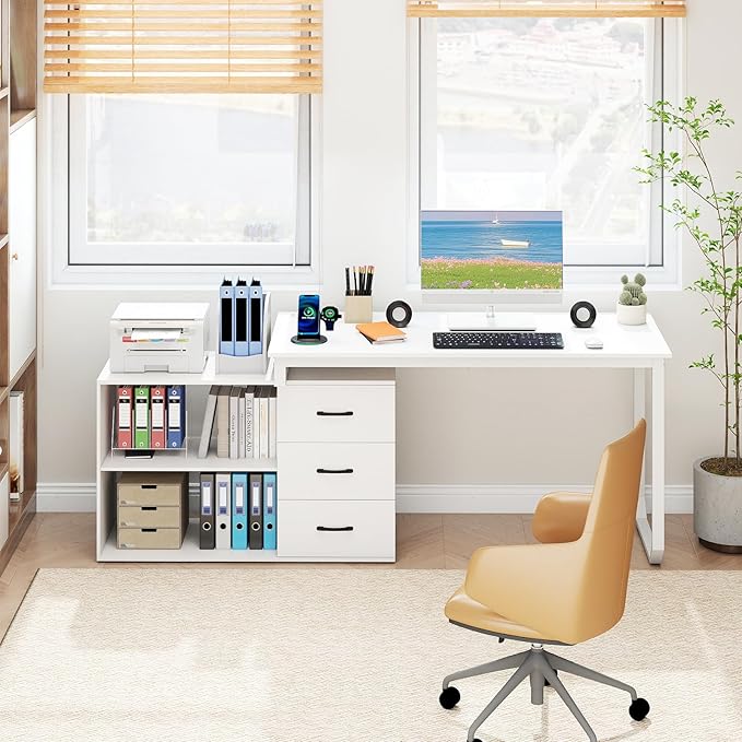 Tangkula 55 Reversible L Shaped Desk with 3 Drawers Home Office Desk with Adjustable Shelf &amp Power Outlet Study Writing Table Computer Workstation for Small Space Corner Desk (White)