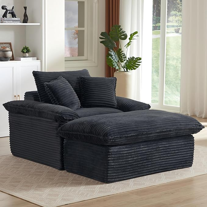 70 Inch Corduroy Chaise Lounge Indoor - Oversized Convertible Sofa with Ottoman &amp Throw PillowsNo Assembly for Living Room &amp Small SpacesDark Grey
