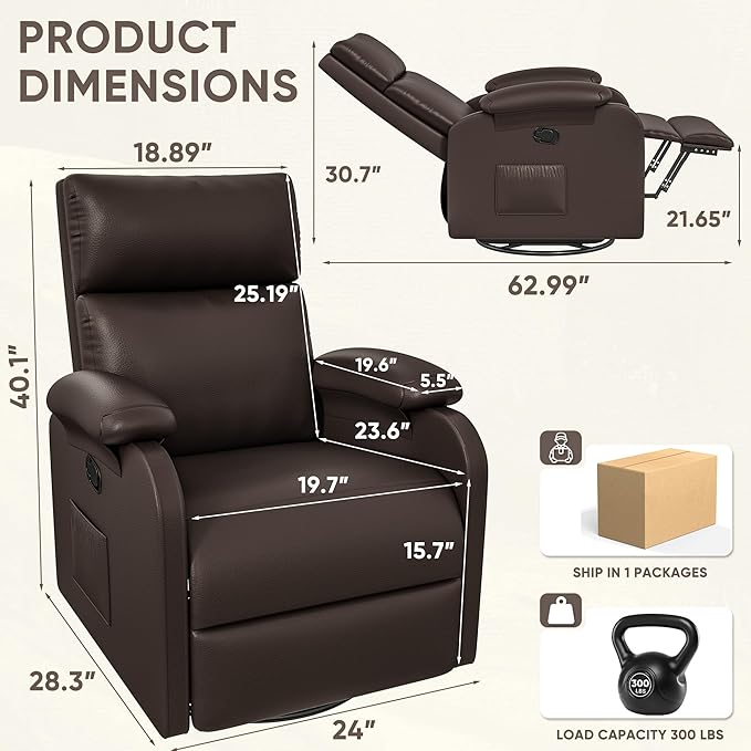Homall Recliner Chair 360 Swivel Rocking Chair for Adults Massage Nursery Chair with Adjustable Backrest and Footrest PU Leather Glider Rocker Recliners with Side Pocket for Living Room (Brown)