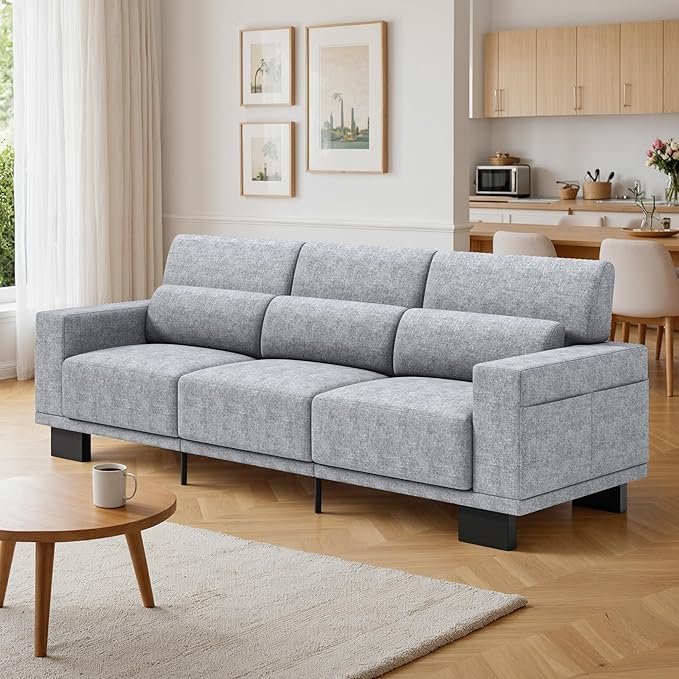 Gizoon 3-Seater Chenille Couch 89 Inch Modern Comfy Sofa with Wide Armrests &amp Deep Cushions for Living Room Bedroom and Apartment Grey