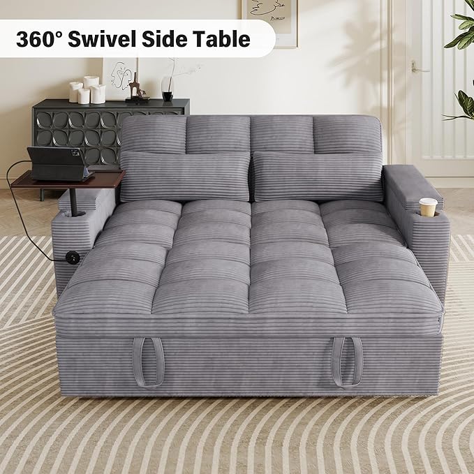 65'' Sleeper Sofa with Pull Out Bed 3 in 1 Convertible Sofa with Cup Holder and Storage Armrests Corduroy Loveseat with Swivel Table Adjustable Backrest &amp Charging Ports for Living Room Purple