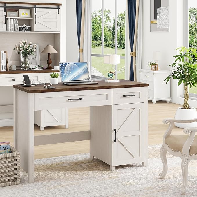 Farmhouse 47 Executive Desk Computer Desk with Drawers and Storage Cabinet Workstation Computer Desk for Home Office and Study Unique White