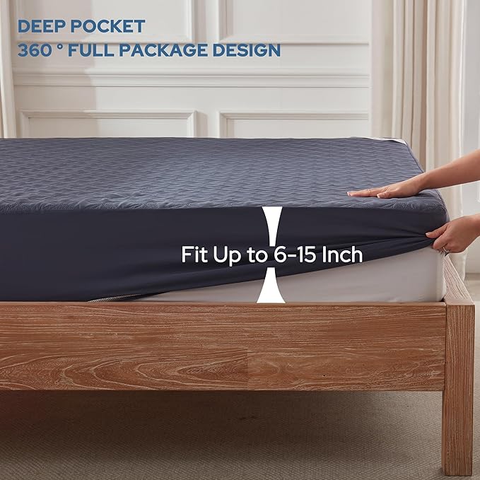 BEDLORE Waterproof Mattress Protector Twin Size Noiseless Mattress Pad with Deep Pocket 6-15 Depth Soft Breathable Bed Mattress Cover Washable for Home Bedroom Hotel (Navy Blue)