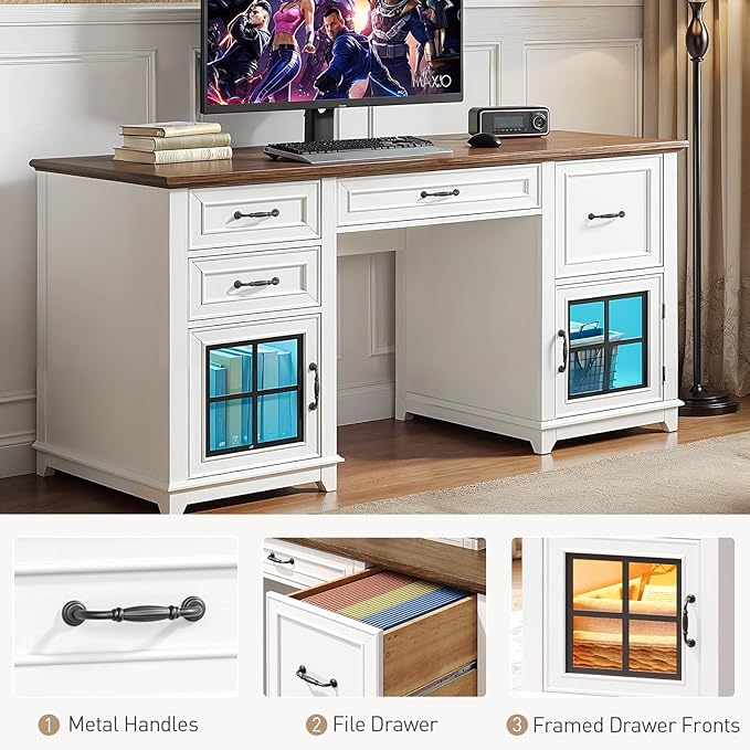 58 Farmhouse Executive Desk with Drawers Wooden Executive Desk with File Drawer LED Light Storage Cabinet Computer Desk with Charging Station Home Office Desk for Work White Walnut