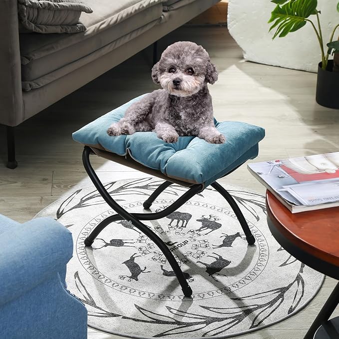 15 Foldable Foot Stool Ottoman with Metal Frame - Washable Blue Upholstered Indoor/Outdoor Footrest for Living Room Bedroom Patio - Space-Saving Compact Design