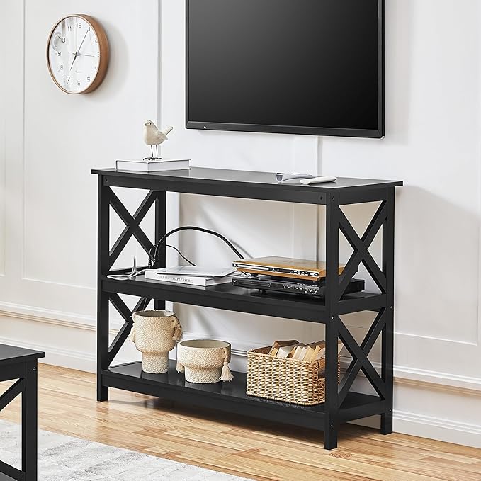 Yaheetech TV Stand with Power Outlet Entertainment Center for TV up to 45 inch Wood Open Storage Shelf Media Console Table for Living Room Bedroom Black