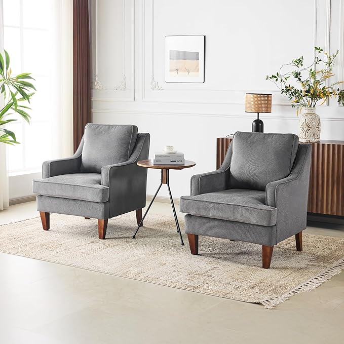 VINGLI Mid-Century Modern Accent Chairs Set of 2 Light Grey Upholstered Armchair Comfy Sofa Chairs Reading Chair High Back for Living Room Bedroom Furniture Apartment