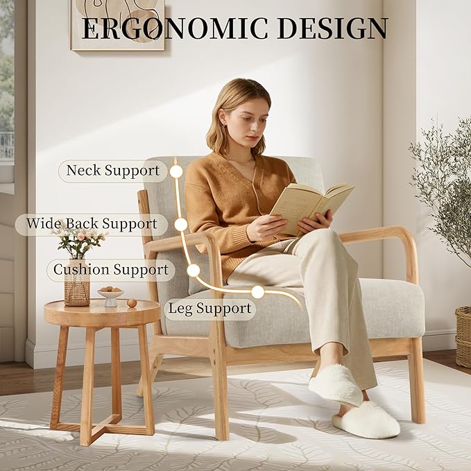 Accent Chair with Pillow Upholstered Mid Century Chair Living Room Chair with Solid Wood Frame Comfy Reading Chair with Thick Cushion Armchair for Small Space Bedroom Balcony Grey 1PC