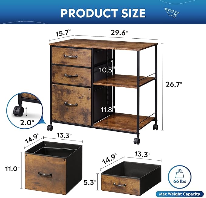 DEVAISE 3 Drawer Mobile File Cabinet Rolling Printer Stand with Open Storage Shelf Fabric Lateral Filing Cabinet fits A4 or Letter Size for Home Office Rustic Brown Wood Grain Print