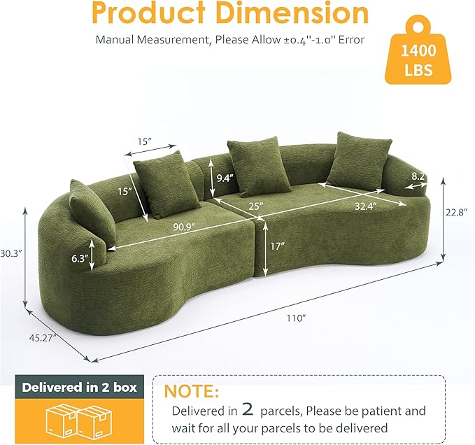 Oversized Sectional Sofa for Living Room 110 Modern Luxury Chenille 4-Seater Extra Deep &amp Wide Seat Curved Cloud Couch with 4 Throw Pillows No Assembly Needed Cream Green