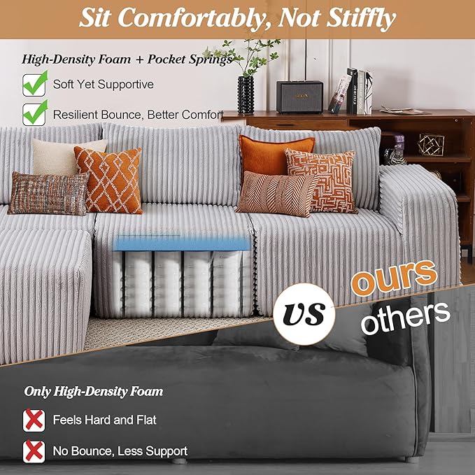 101 Cloud Couch Boneless Modular Sofa Compression Memory Foam Sectional Couches Comfy Corduroy L Shaped Sofas with Chaise Lounge for Living Room No Assembly Required (Light Gray 101in)