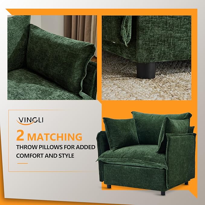 VINGLI Green Accent Chair 34 Width Oversized Reading Chair Upholstered Armchair Soft Chenille Fabric Living Room Chairs Sofa for Adults Bedroom Home Office Play Room