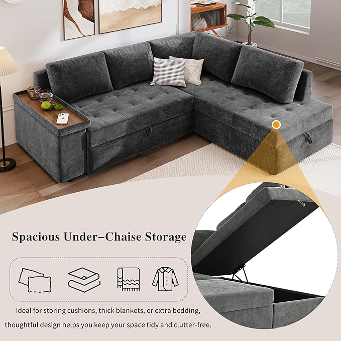 Modern 91.5-Inch L Shaped Sectional Sofa Couch Pull-out Sofa Bed Sleeper with Storage Ottoman and Wide Storage Armrest Polyester Convertible Corner Couch for Living Rooms Offices (Grey-9.8)