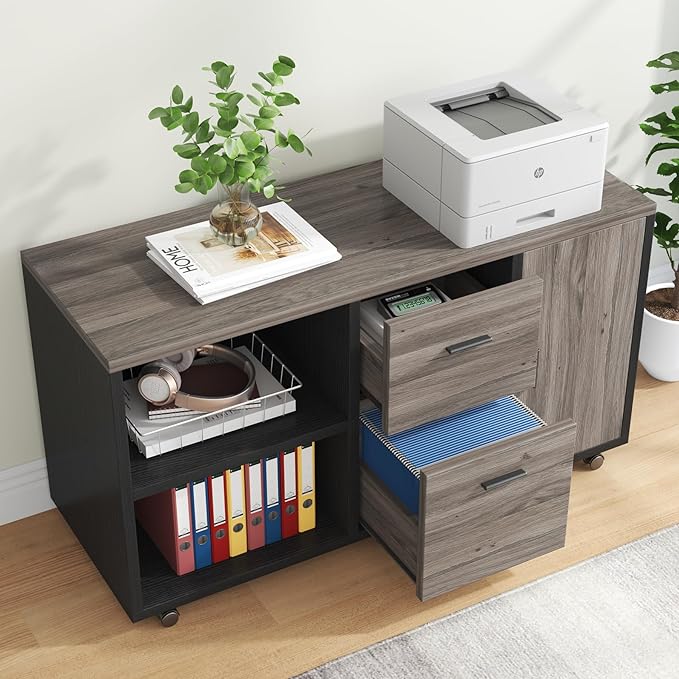 Tribesigns 47 Mobile File Cabinet with 2 Drawers Wooden Filling Cabinet for Home Office Lateral Office Storage Cabinet with Storage Shelves for Legal Size/Letter/A4/Files Grey and Black
