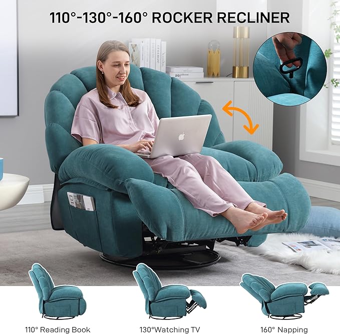 Swivel Rocker Recliner Chair – Shell Shape Manual Big Tall Single 360° Swivel Reclining Sofa with Storage Pockets | Small Space-Friendly for Living Room/Bedroom (NO Massage &amp Heat Green)