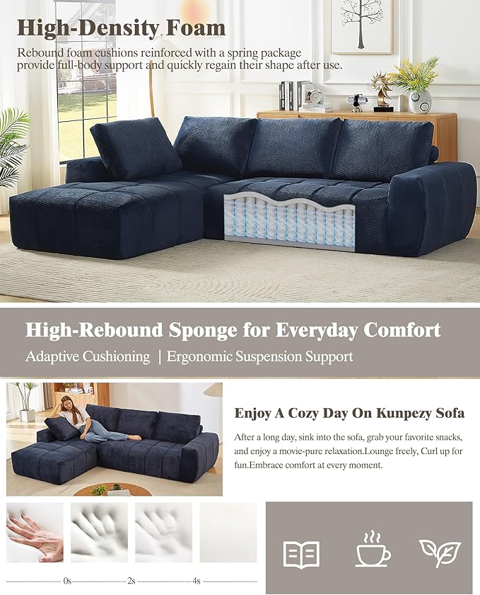 112 Boneless Cloud Modular Sectional Couch for Living Room Left Chaise L Shaped Sofa with Chaise | Faux Fur Fabric | Compressed Foam Sofa for Living Room | No Assembly (Dark Blue-Faux Fur Fabric)