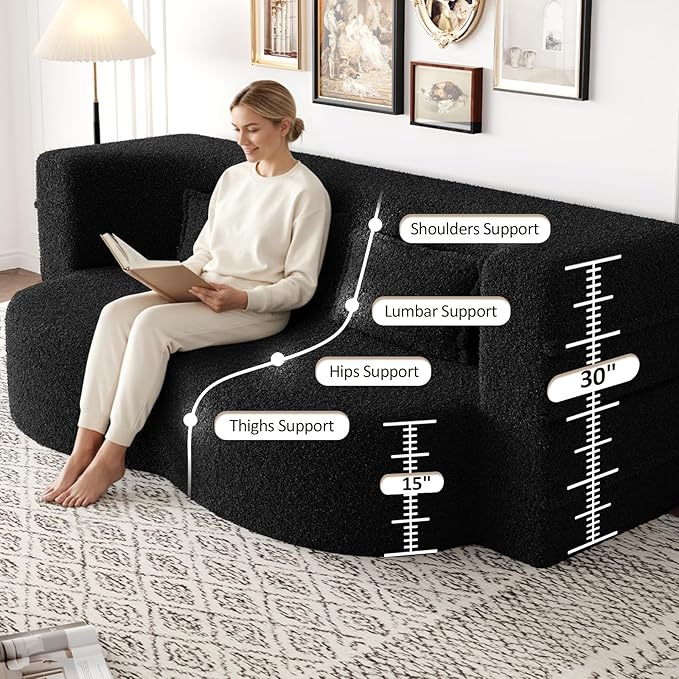 Folding Sofa Bed15 Full Size Boneless Couch for Living Room Teddy Fabric Foam-Filled Convertible Loveseat Sleeper Sofa Bed (Black-Teddy)