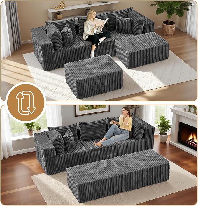 104 Grey Boneless Couches for Living Room Modular Sectional Sofa with Deep Seat Comfy Plush Cloud Couch with U-Shaped Chaise Corduroy Compressed Foam Sofa for Bedroom Living Room