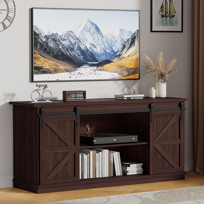 JUMMICO TV Stand with 4 Drawers for 65 Inch TV Farmhouse Entertainment Center with Storage and Sliding Barn Doors Rustic Media TV Console Cabinet with Shelves for Living Room Bedroom (Rustic Oak)