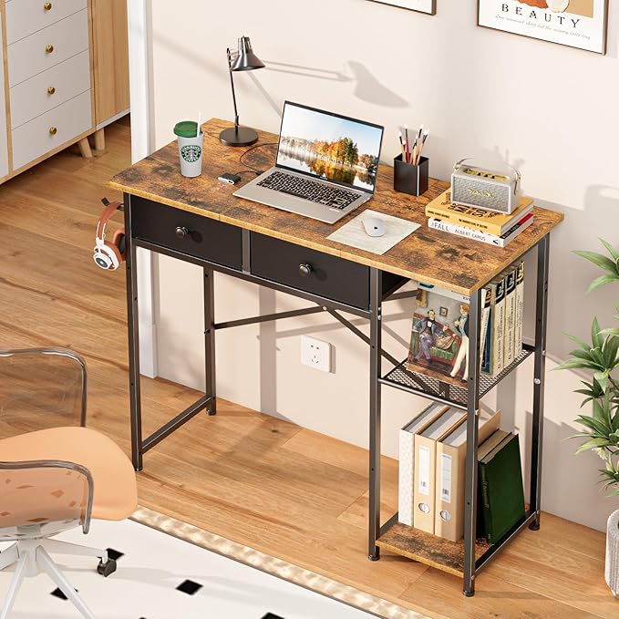 Small Computer Desk 36 Inch Writing Desk with Drawers &amp Storage Shelves Home Office Writing Desk for Small Spaces Bedroom Living Room Dorm Rustic Brown