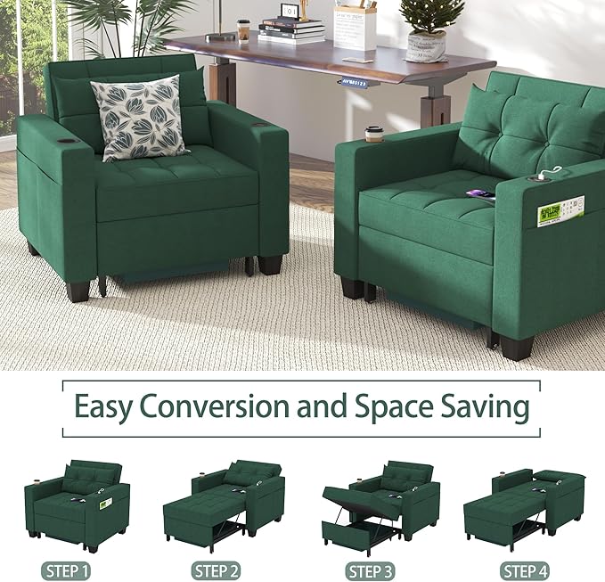 DURASPACE 36.6 Inch Sleeper Chair 3-in-1 Convertible Chair Bed Pull Out Sleeper Chair Beds Adjustable Single Armchair Sofa Bed with USB Ports Side Pocket Cup Holder (Forest Green Linen)