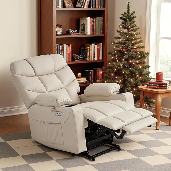 MCombo Power Lift Recliner Chair for Elderly Electric Lift Chair with Extended Footrest USB Ports Cup Holders Faux Leather 7287 (Cream White Medium)