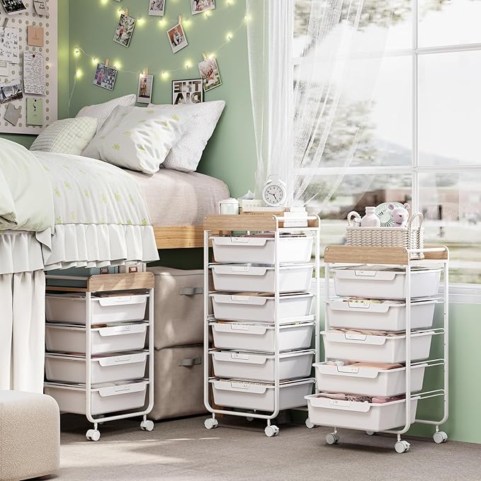 Rolling Cart with 5 DrawersArt Craft CartStorage Utility Cart with WheelsMakeup Organizer with Wooden TabletopWhite