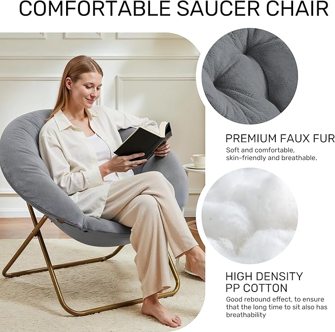 Saucer Chair Comfy Faux Fur Folding Moon Chair with Metal Frame Cozy Round Chair Lounge Lazy Chair for Living Room Bedroom Adults Kids Teens Grey