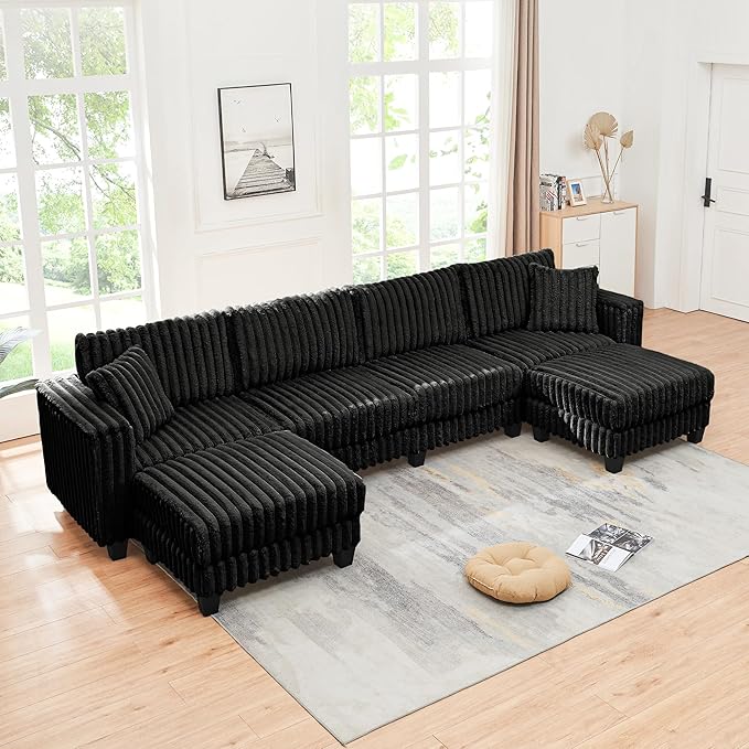 137 Cloud Couch Modular Sectional Sofa U Shaped Sectional Couch with Movable Ottoman Modern Large Convertible Comfy Faux Rabbit Fur 6 Seat Couches for Living Room Bedroom (Black)
